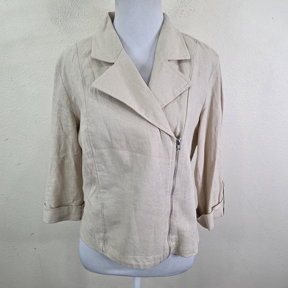 Mosaic & Co Women's Linen/Rayon Crop Moto Jacket Oatmeal Beige Size XL